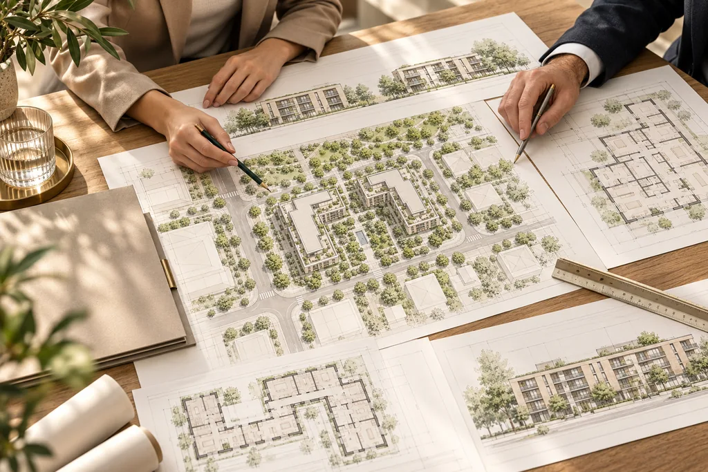 Consultanți adnotând un plan urbanistic și fațade de clădiri.